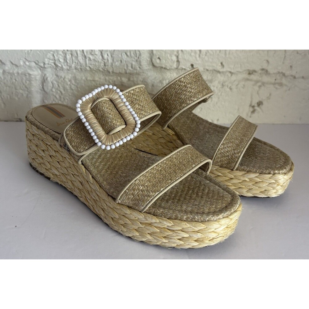 Sam Edelman Women Chase Flatform Raffia Wedge Sandals Eggshell Raffia 7.5